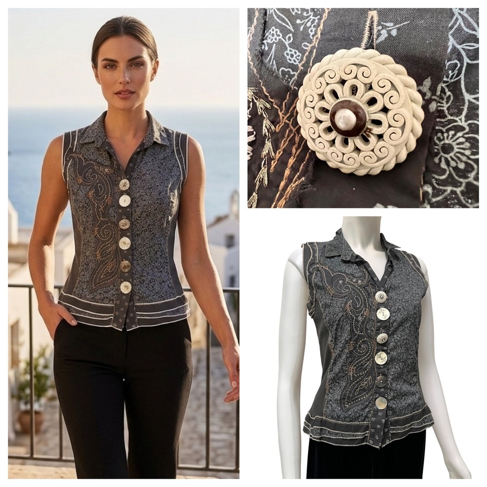 Embroidered Cotton Vest Artsy Crinkle Texture Boho Grunge Medium Italy Made NWT